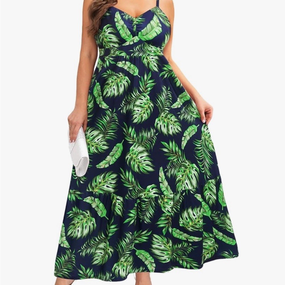 EUC Pinup Fashion Women’s Tropical Leaf Sleeveless Maxi Dress w/Pockets SZ 18W